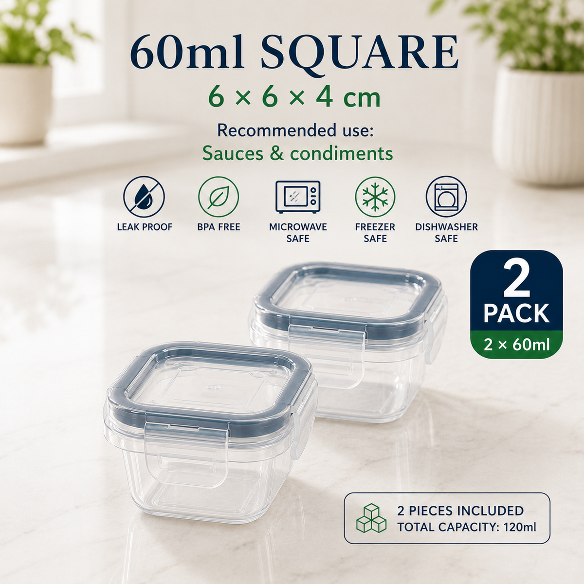60ml square leakproof food container 2 pack