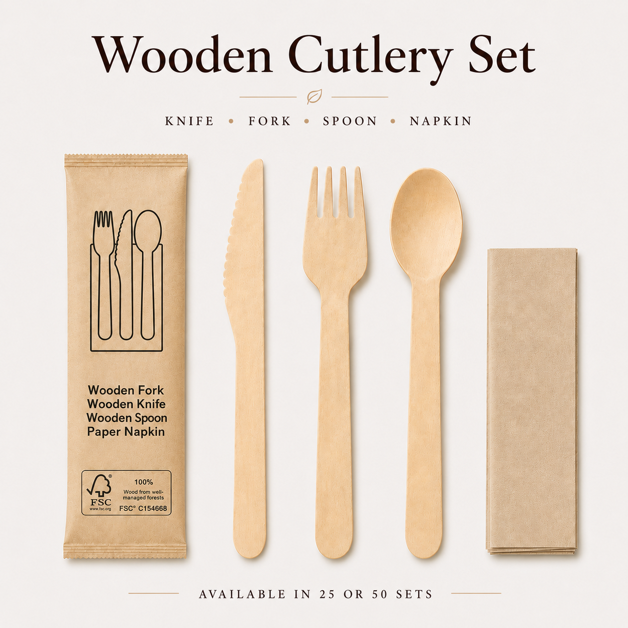 MasoPalm Birchwood Cutlery Set with Napkin