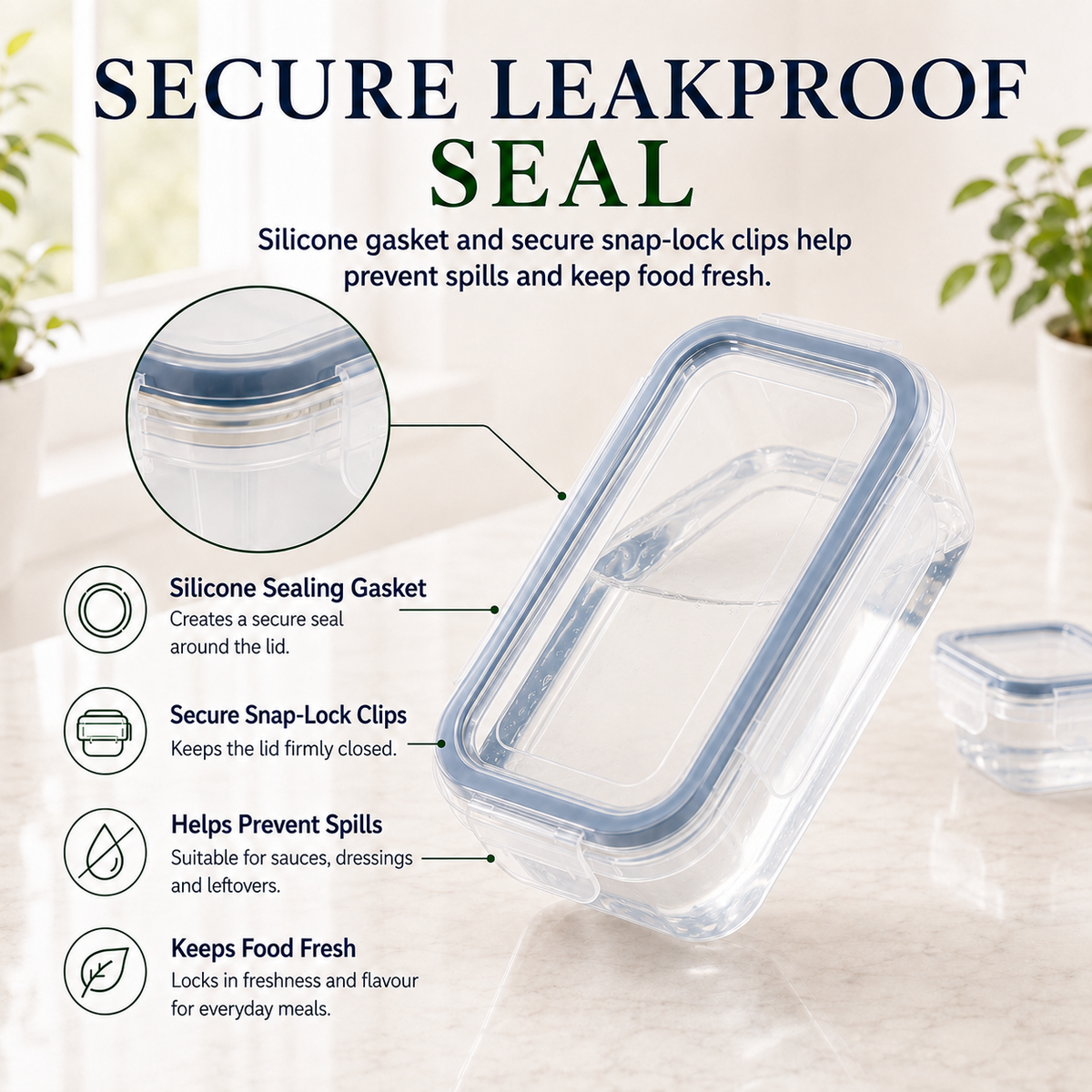 Leakproof food storage container with silicone sealing gasket