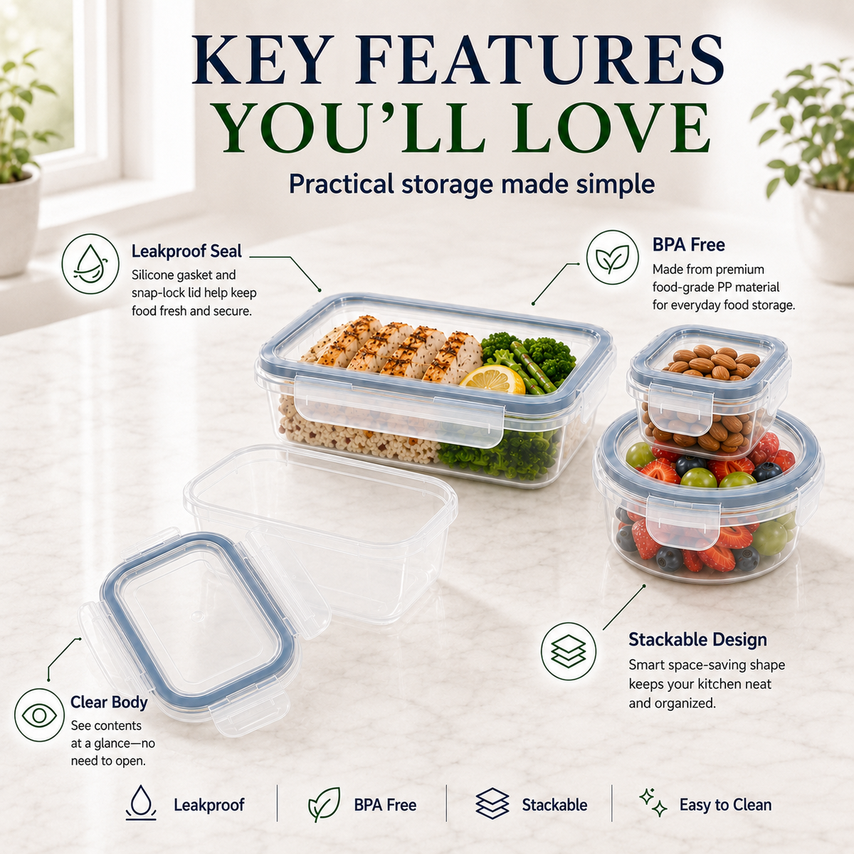 Clear food storage containers for meal prep and leftovers