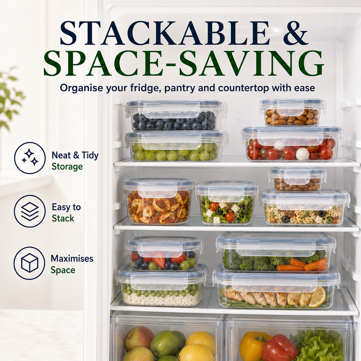 Stackable food storage containers for fridge and pantry organisation