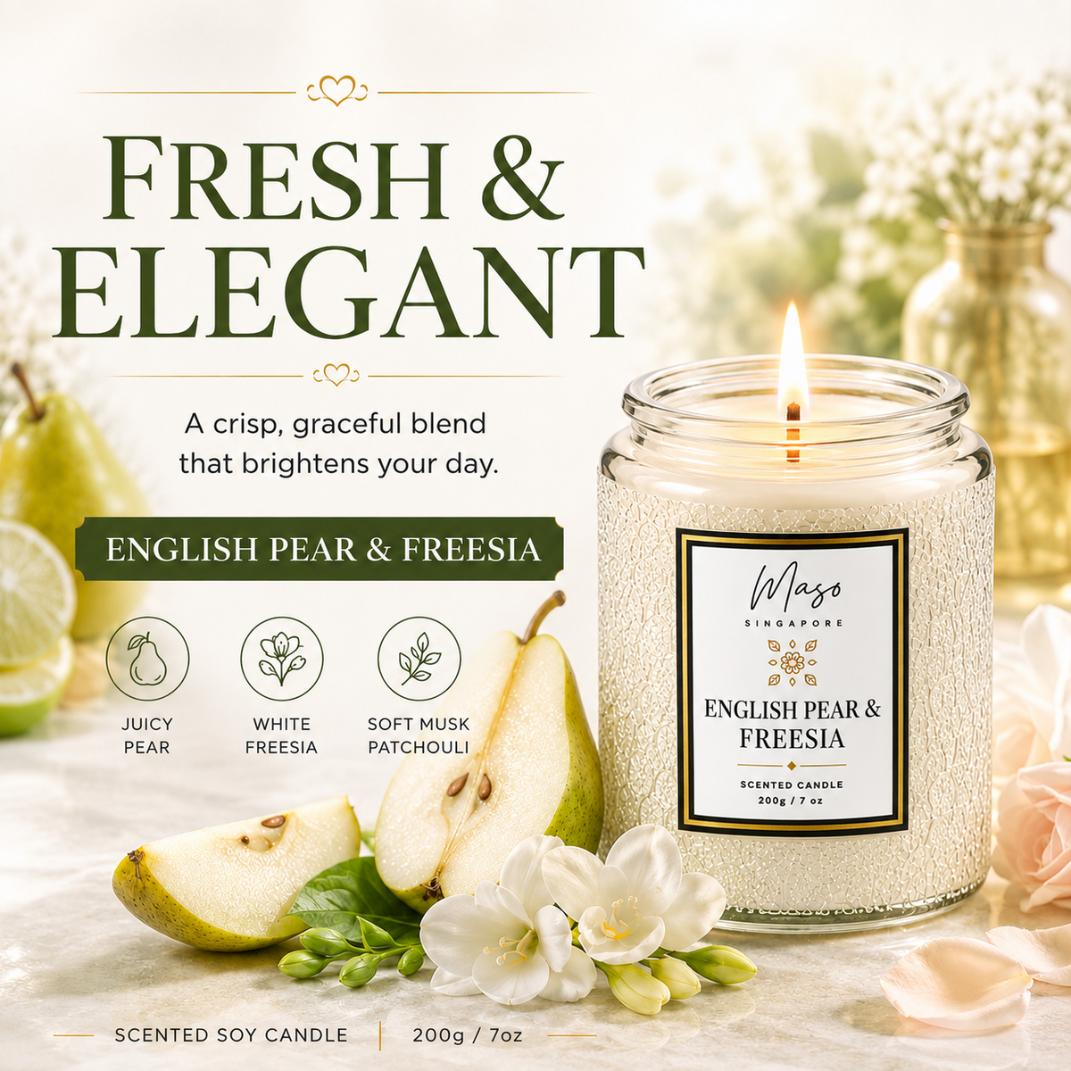 MASO English Pear & Freesia scented soy candle