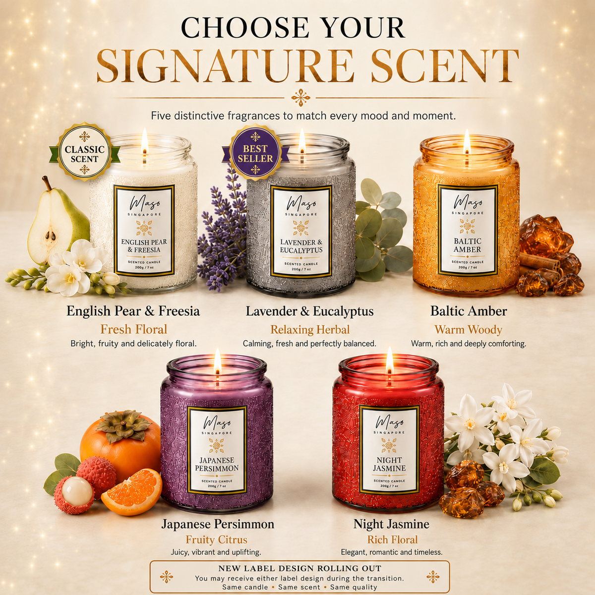 MASO scented soy candle fragrance guide featuring five signature scents