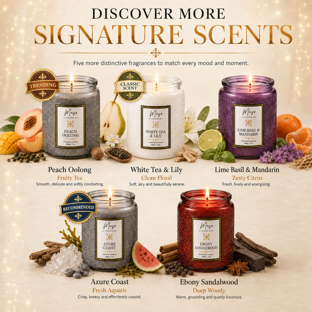 MASO scented soy candle fragrance guide featuring five additional signature scents