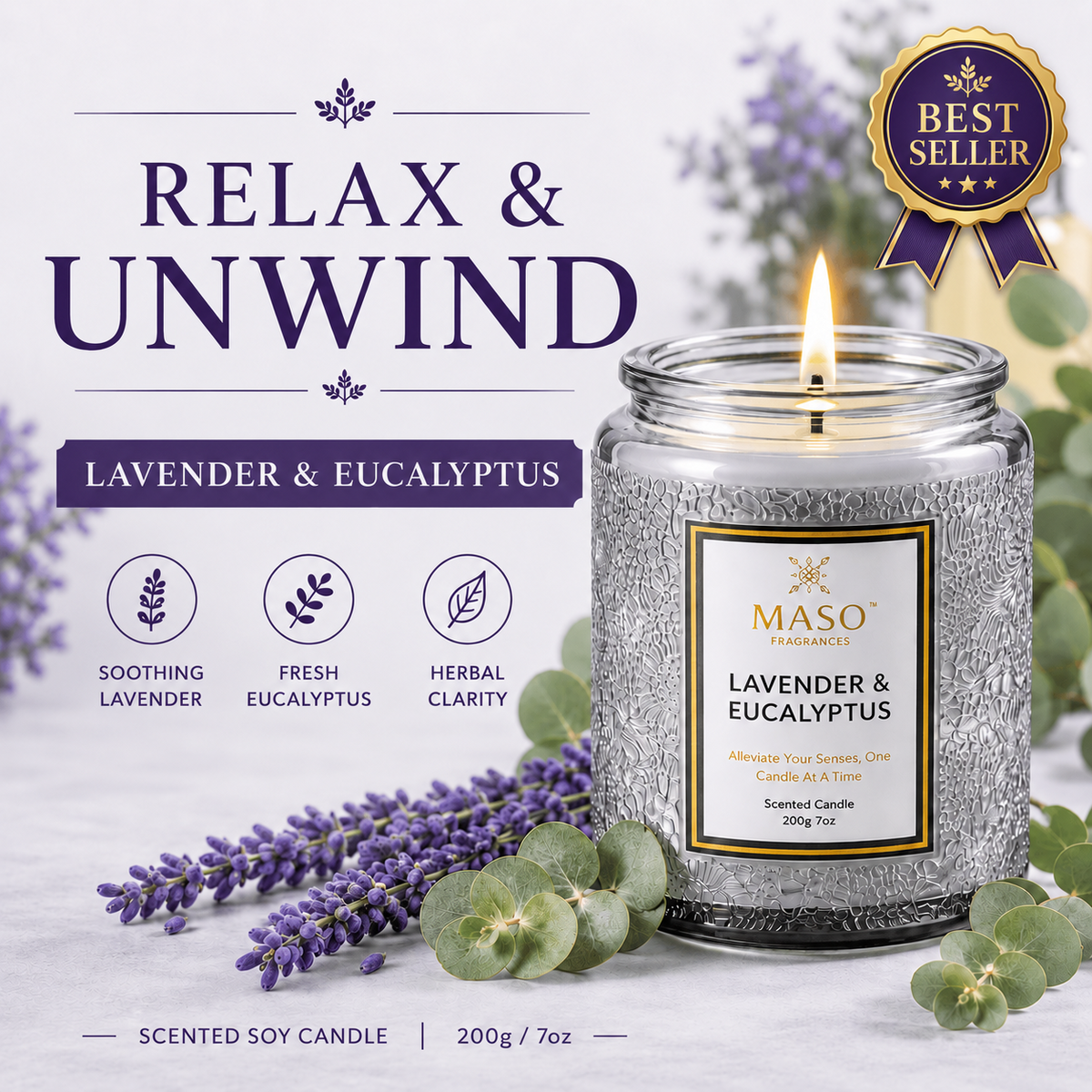 MASO Lavender & Eucalyptus scented soy candle
