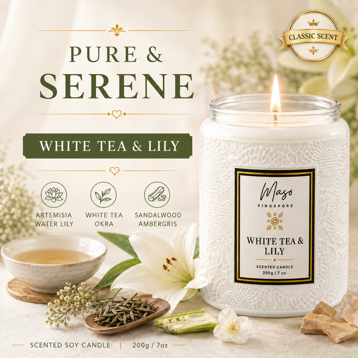 MASO White Tea & Lily scented soy candle