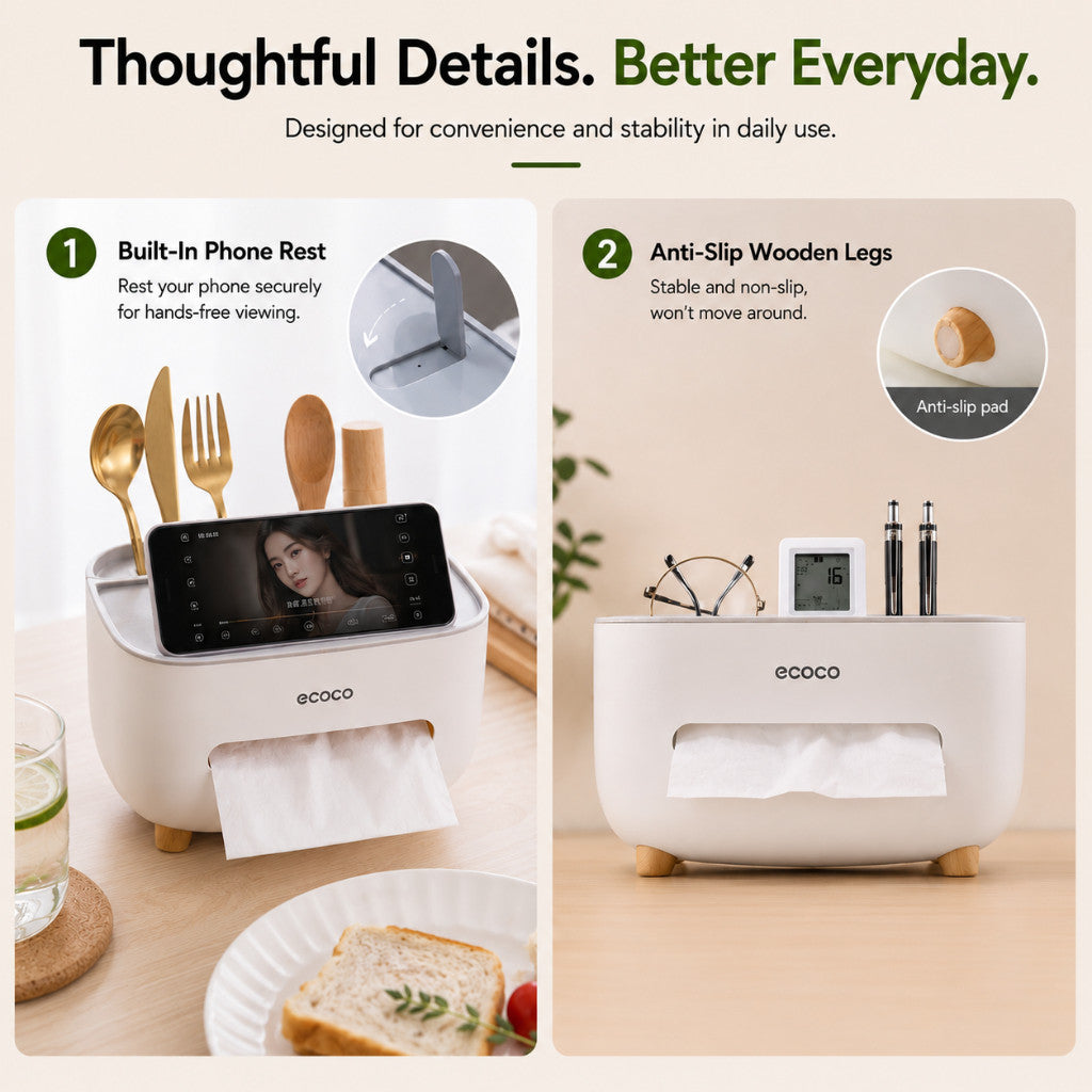 Maso desktop organizer tissue box holder with storage and phone stand