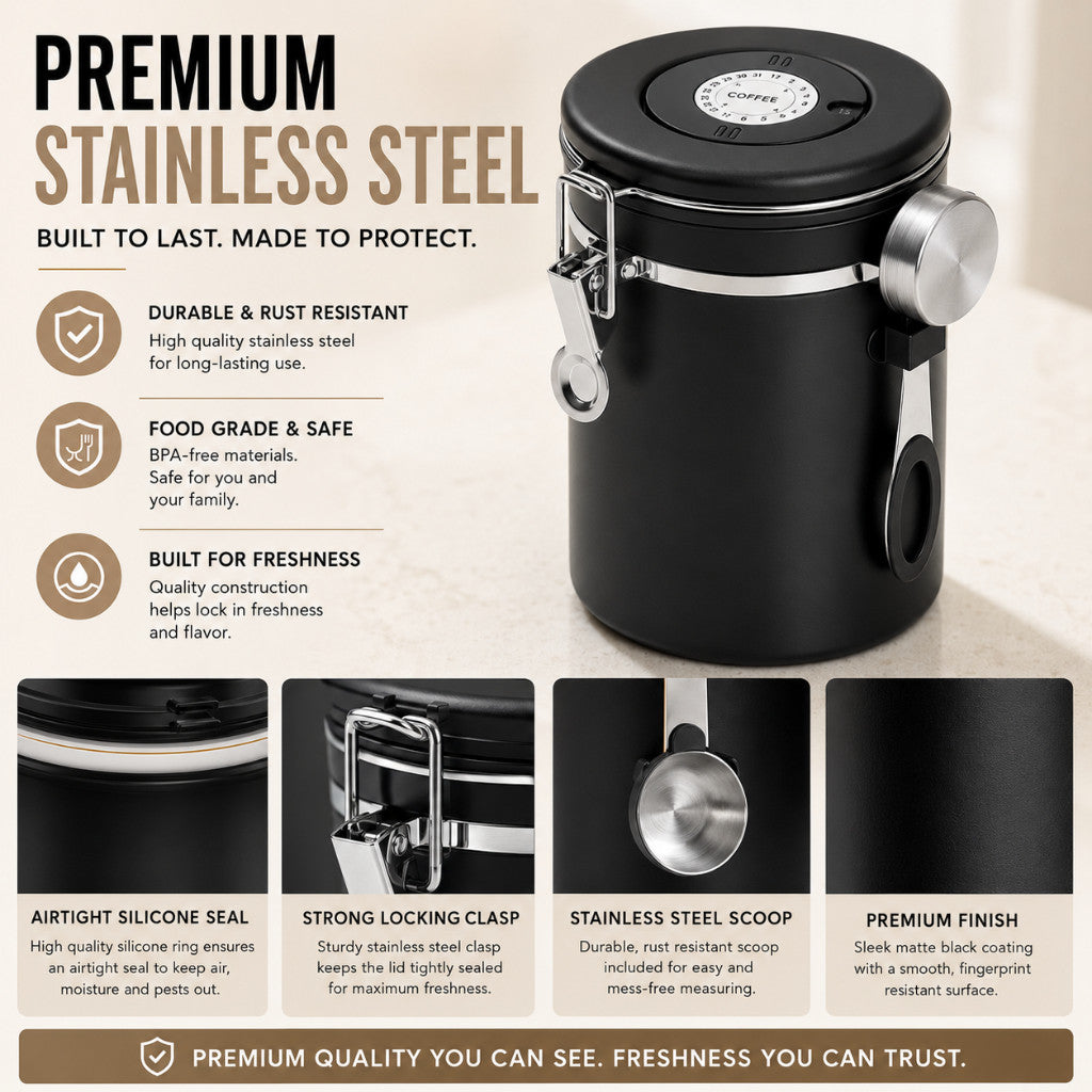 Maso airtight coffee bean canister with date tracker and scoop