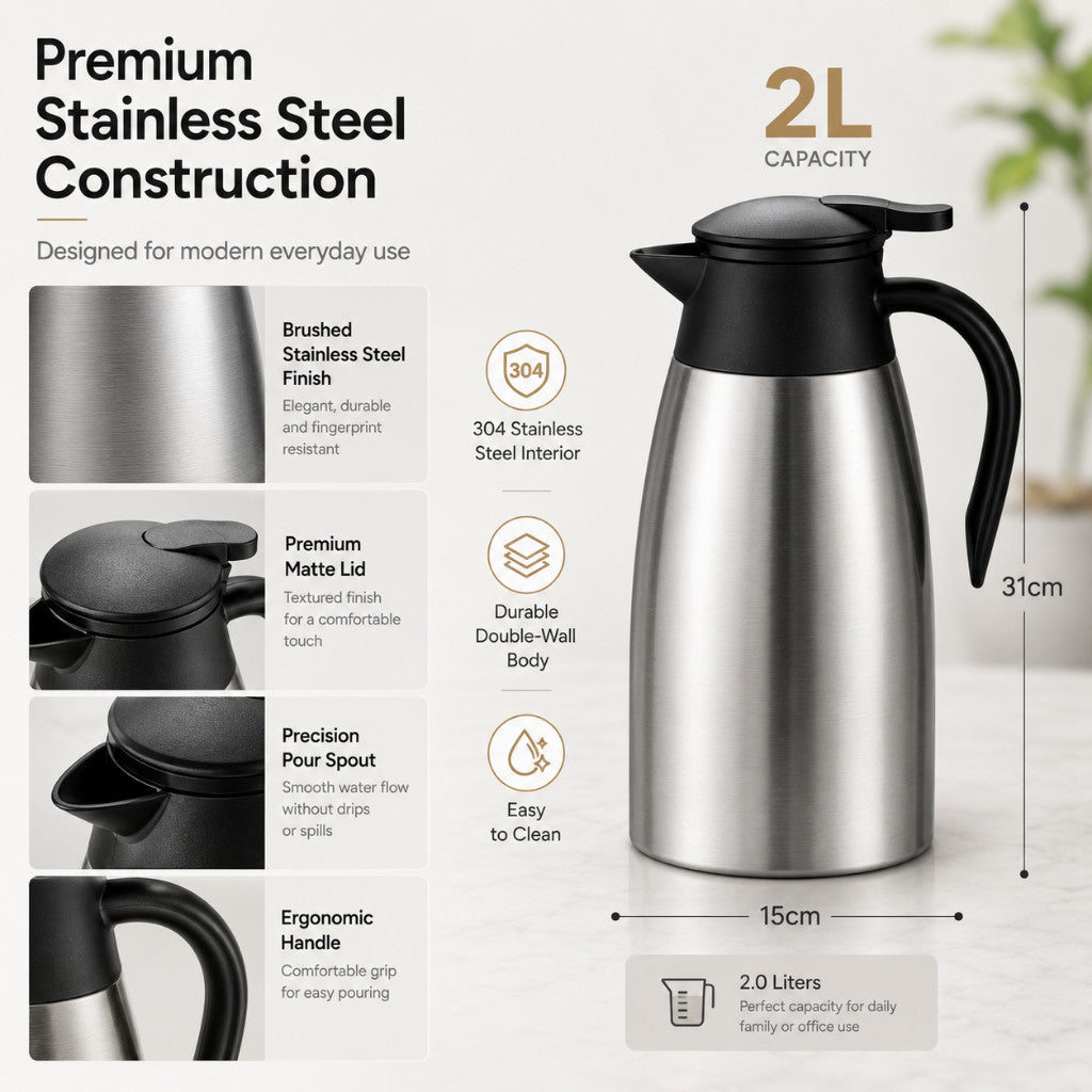 Maso 2 litre stainless steel thermal carafe for coffee and tea