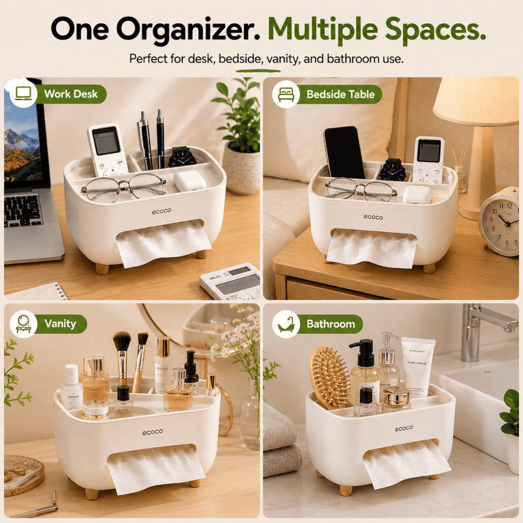 Maso desktop organizer tissue box holder with storage and phone stand