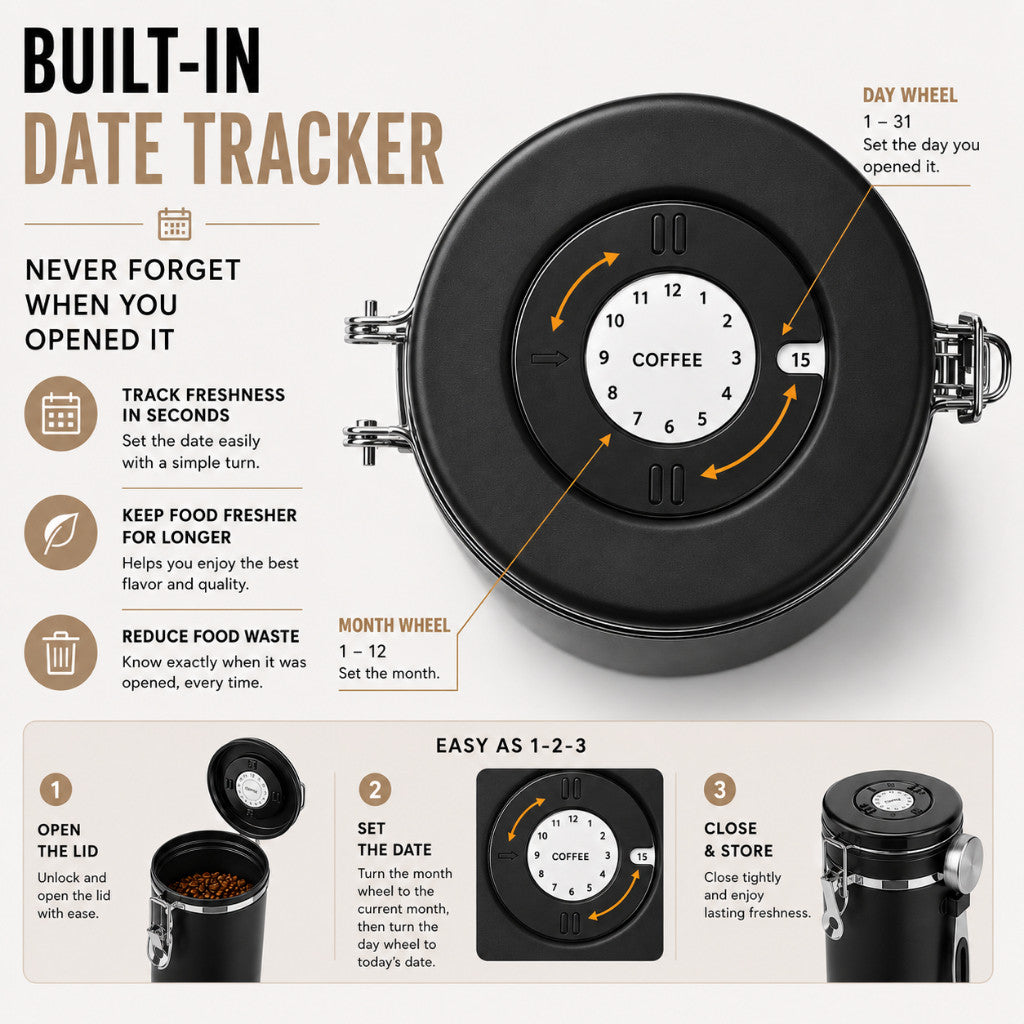 Maso airtight coffee bean canister with date tracker and scoop