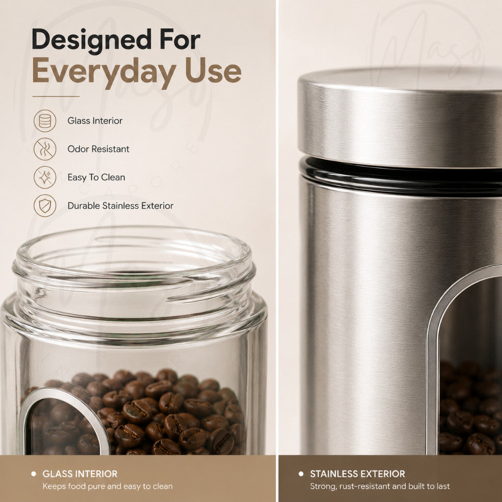 Maso stainless steel airtight food storage container with glass interior