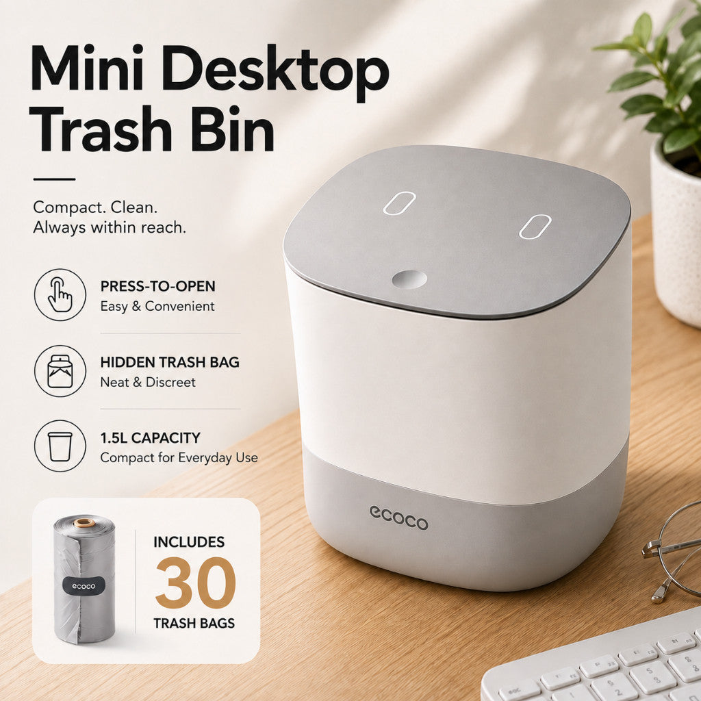 ECOCO 1.5L Mini Desktop Trash Bin with Lid | Tabletop Dustbin Small Waste Bin for Office Bedroom + Trash Bags